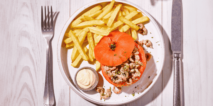Tomates crevettes, frites au four